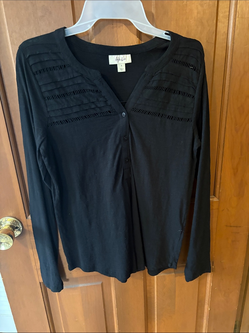 Style & Co. Black Long-Sleeve Henley with Ladder-Knit Detail